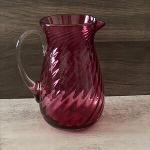 Vintage Studio Art Glass Handblown Red Swirled Applied Handle 7" Pitcher 40oz